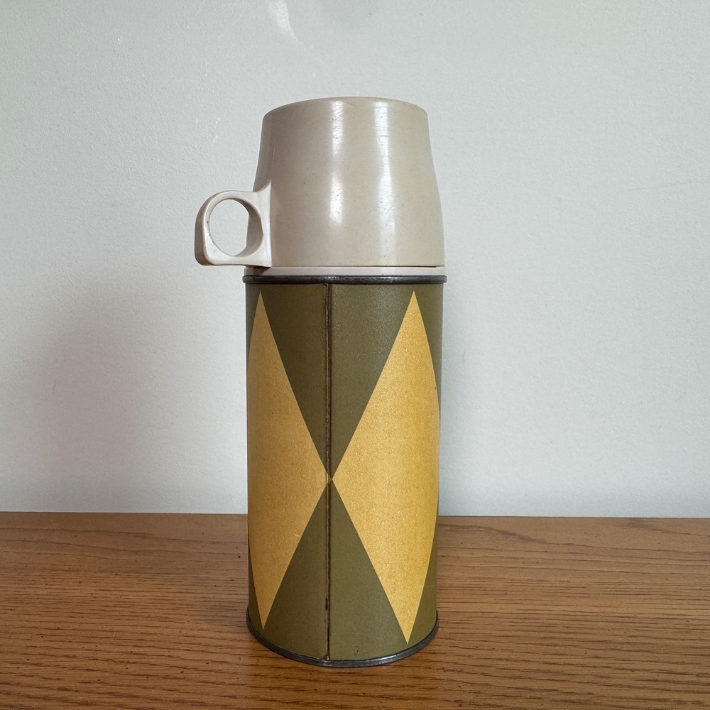 Vintage Holtemp Thermos Brand Mid Century Harlequin Diamond Green Gold MCM